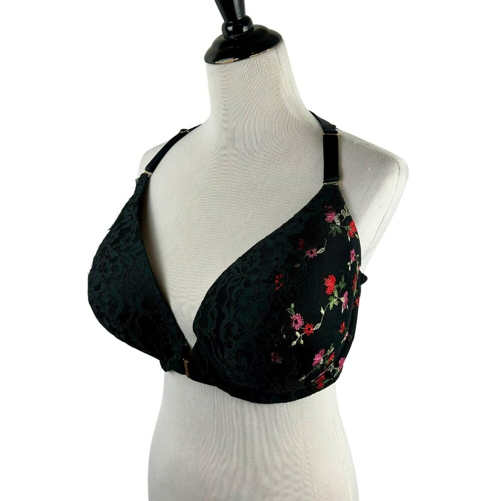 Cacique Lane Bryant Boost Plunge Bra Women 40G Black Floral Racerback Front Hook